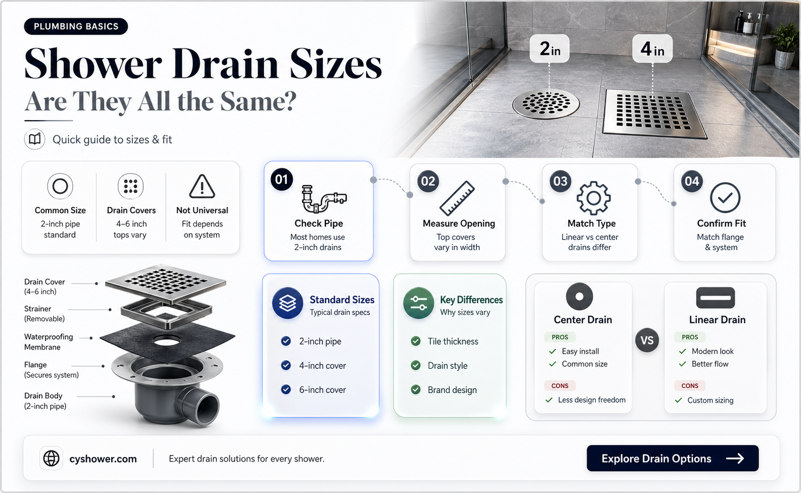 are all shower drains the same size