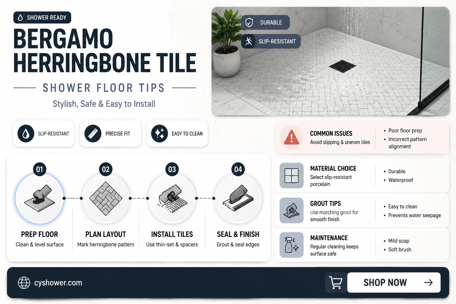 can bergamo herringbone tile be used in the shower floor