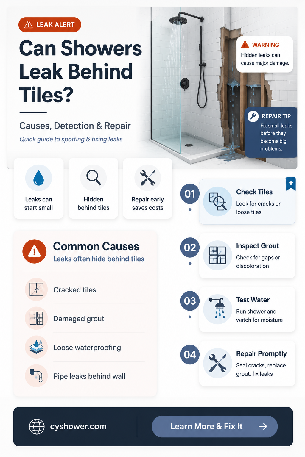 can a shower leak behind tiles