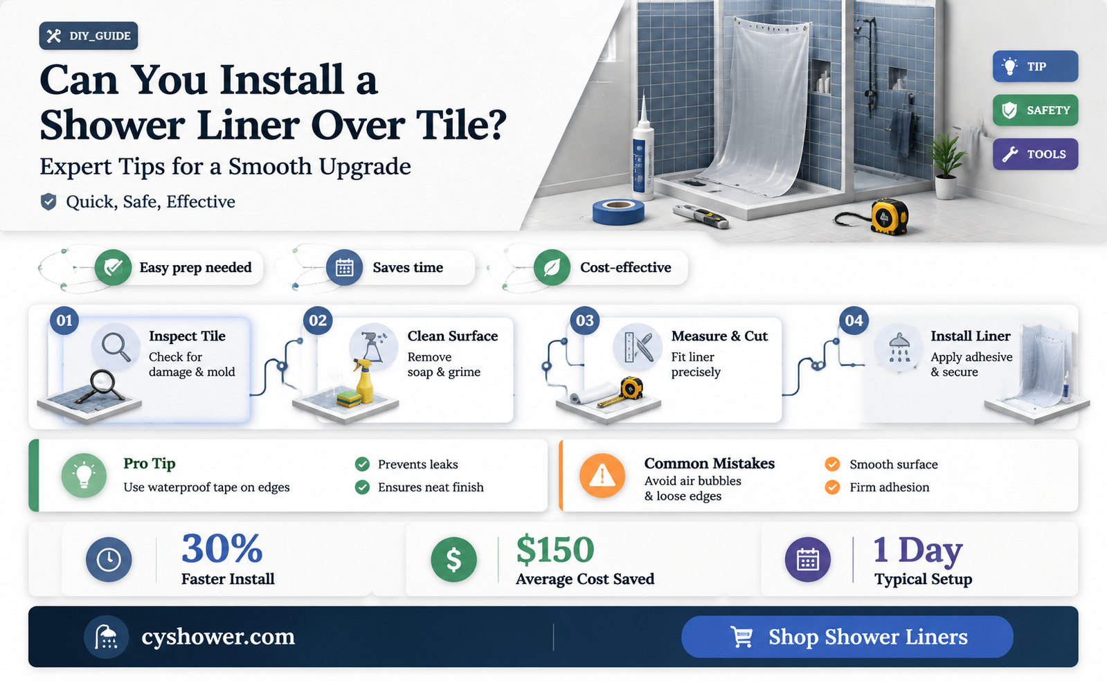 can a shower liner go over tile