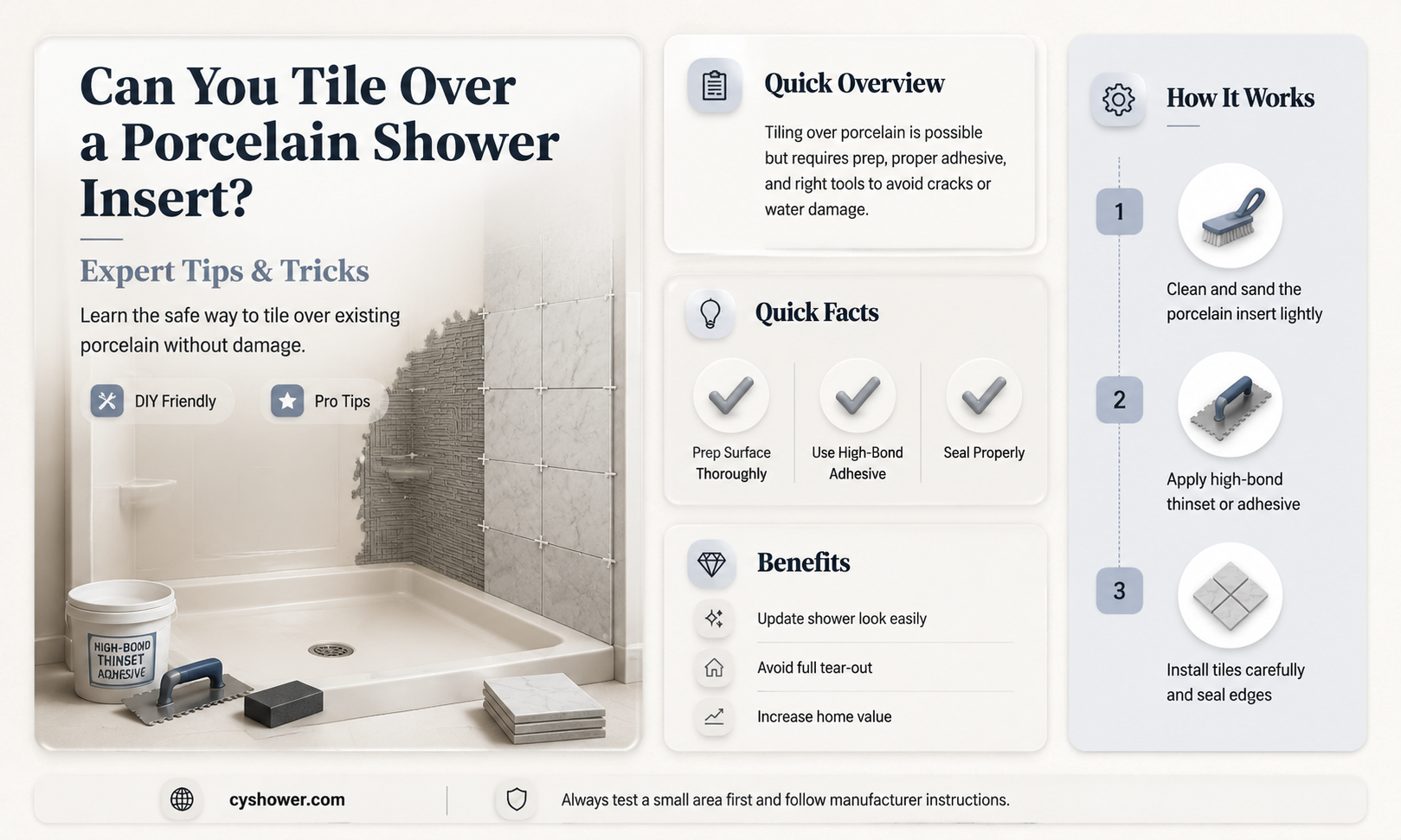 can a porcelain shower insert be tiled