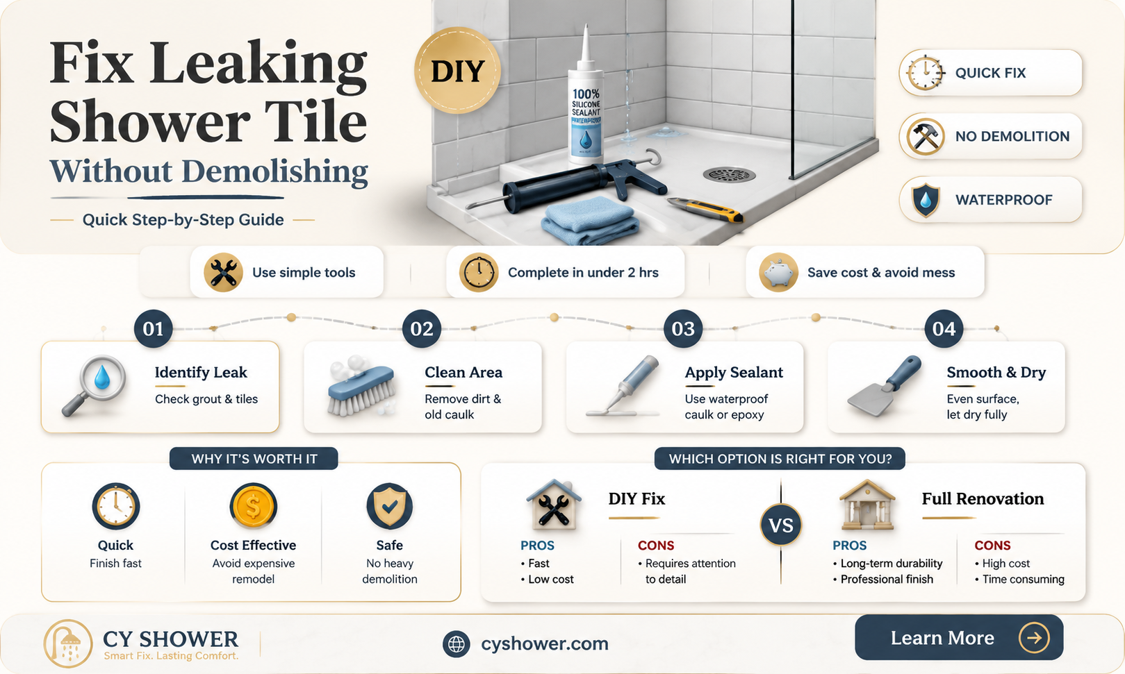 can i fix leaking shower tile without demolishing shower
