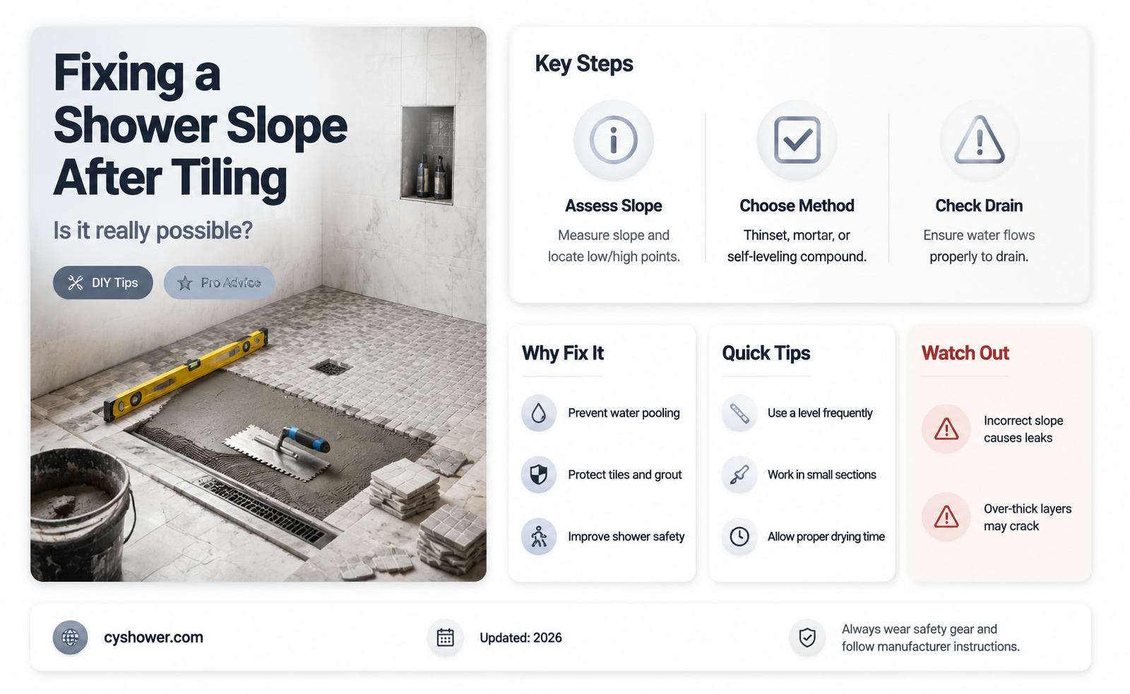 can a shower slope be fixed after tiled