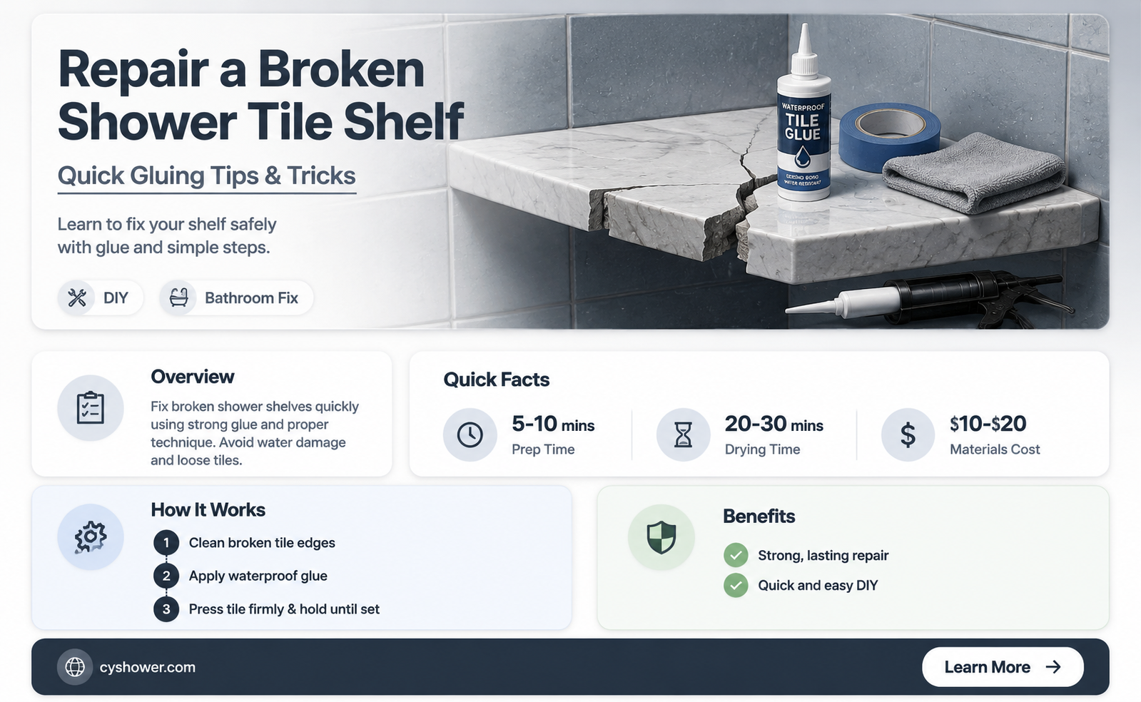 can i glue a broken tile shelf in a shower