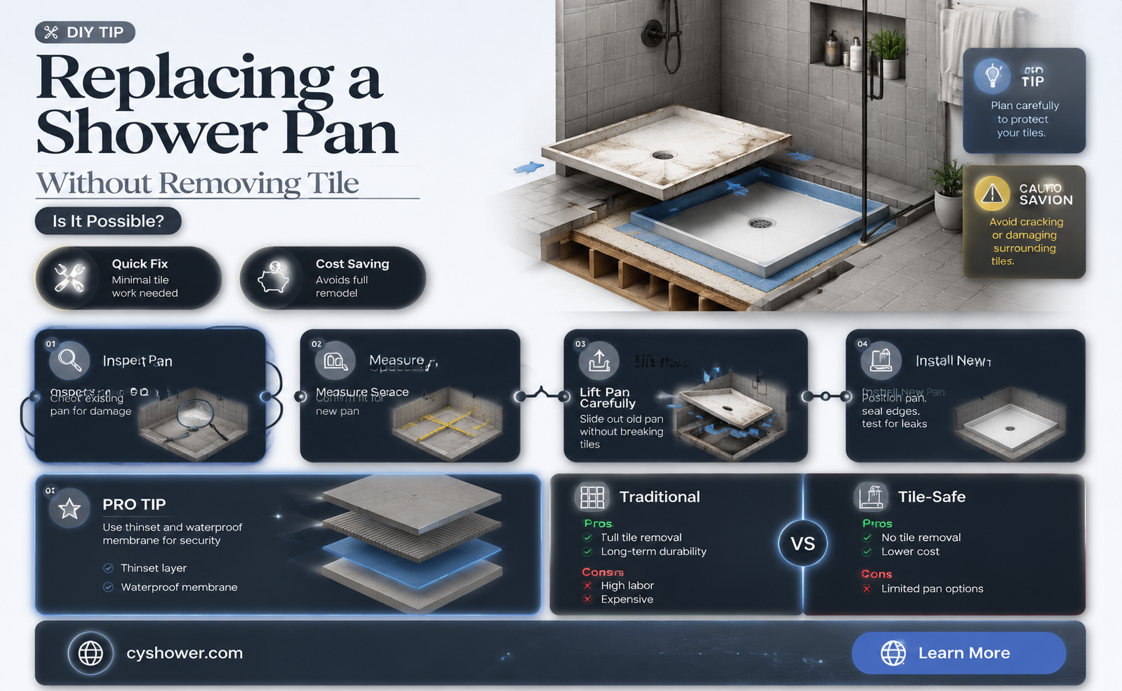 can i replace a shower pan without removing tile