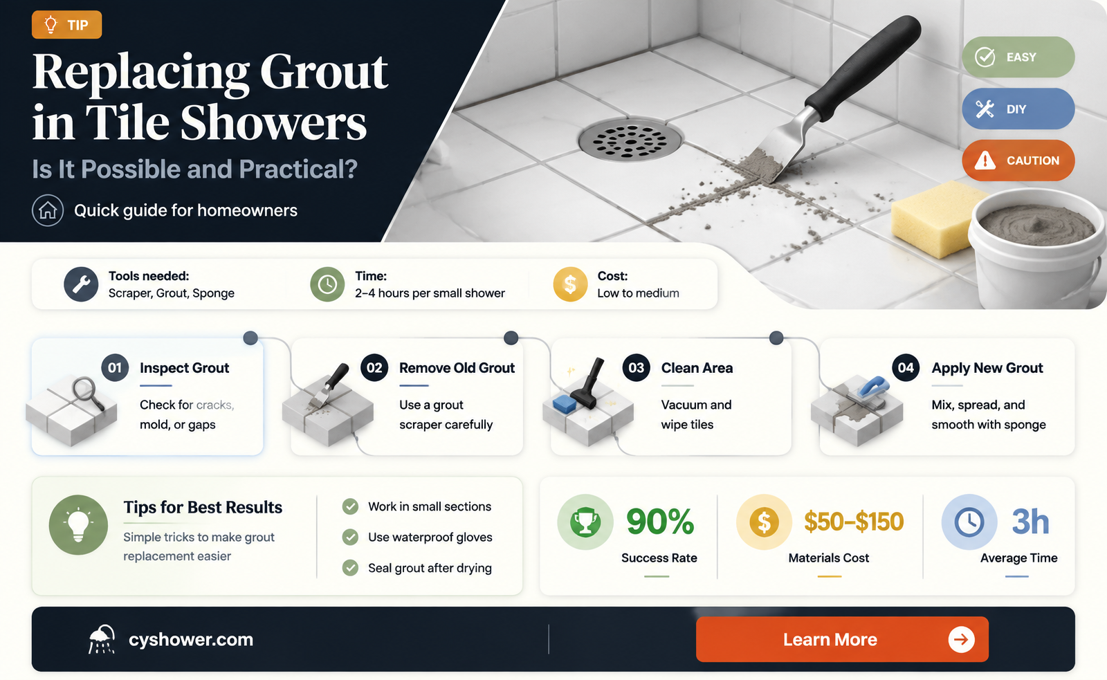 can groue be replace in a tile shower floor