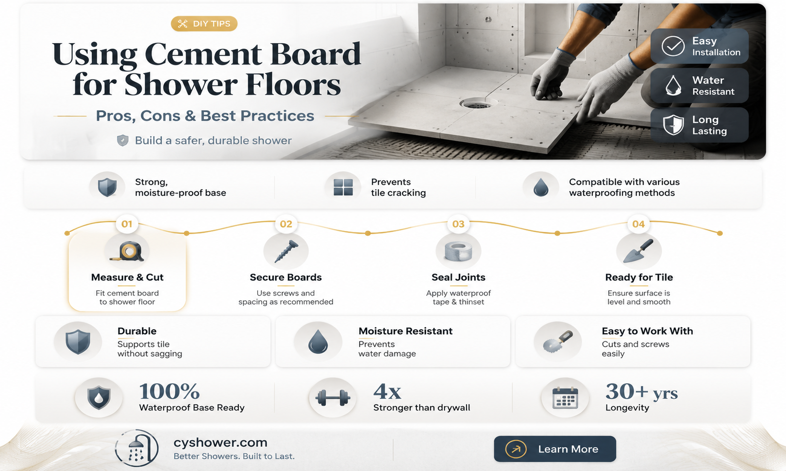 can cement board be used for a shower floor tile