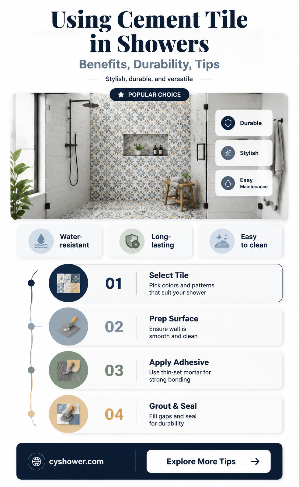 can cement tile be used in a shower